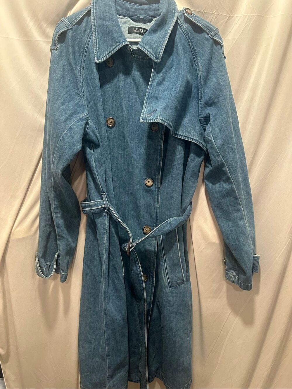 Lauren Ralph Lauren Denim Trench Coat Women Size 16 Blue Belted Chambray Jacket - Picture 2 of 11